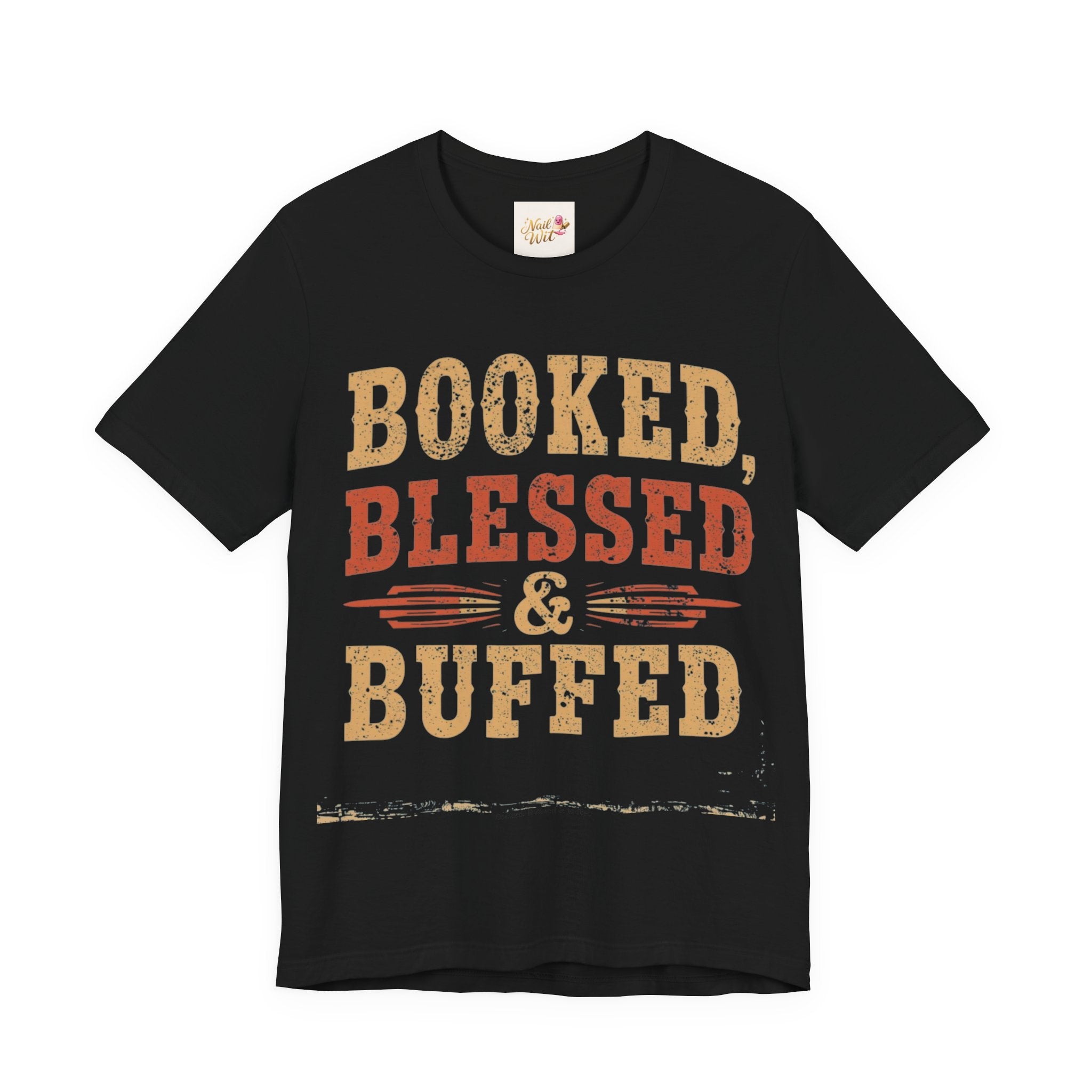 Black t-shirt with 'Booked, Blessed & Buffed' text on a white background