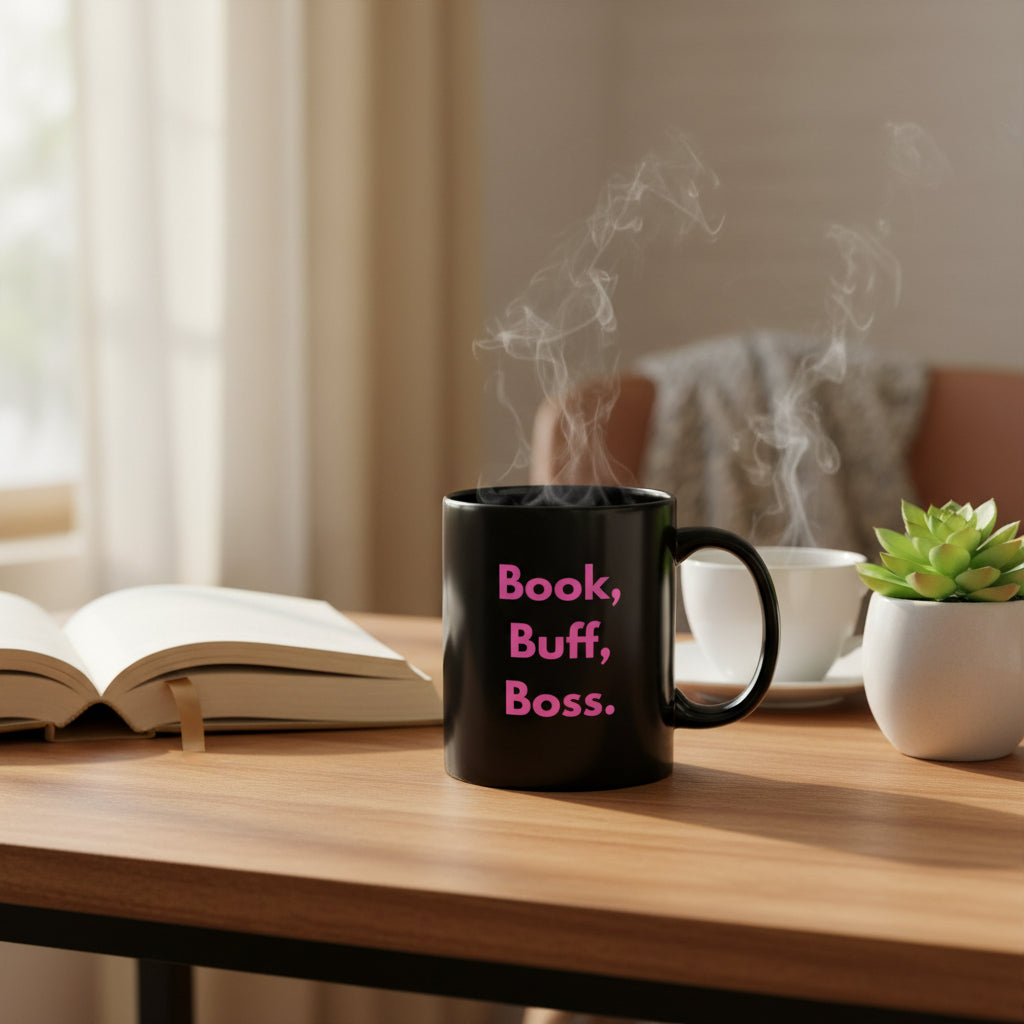 Black mug with pink text 'Book, Buff, Boss.' on a white background