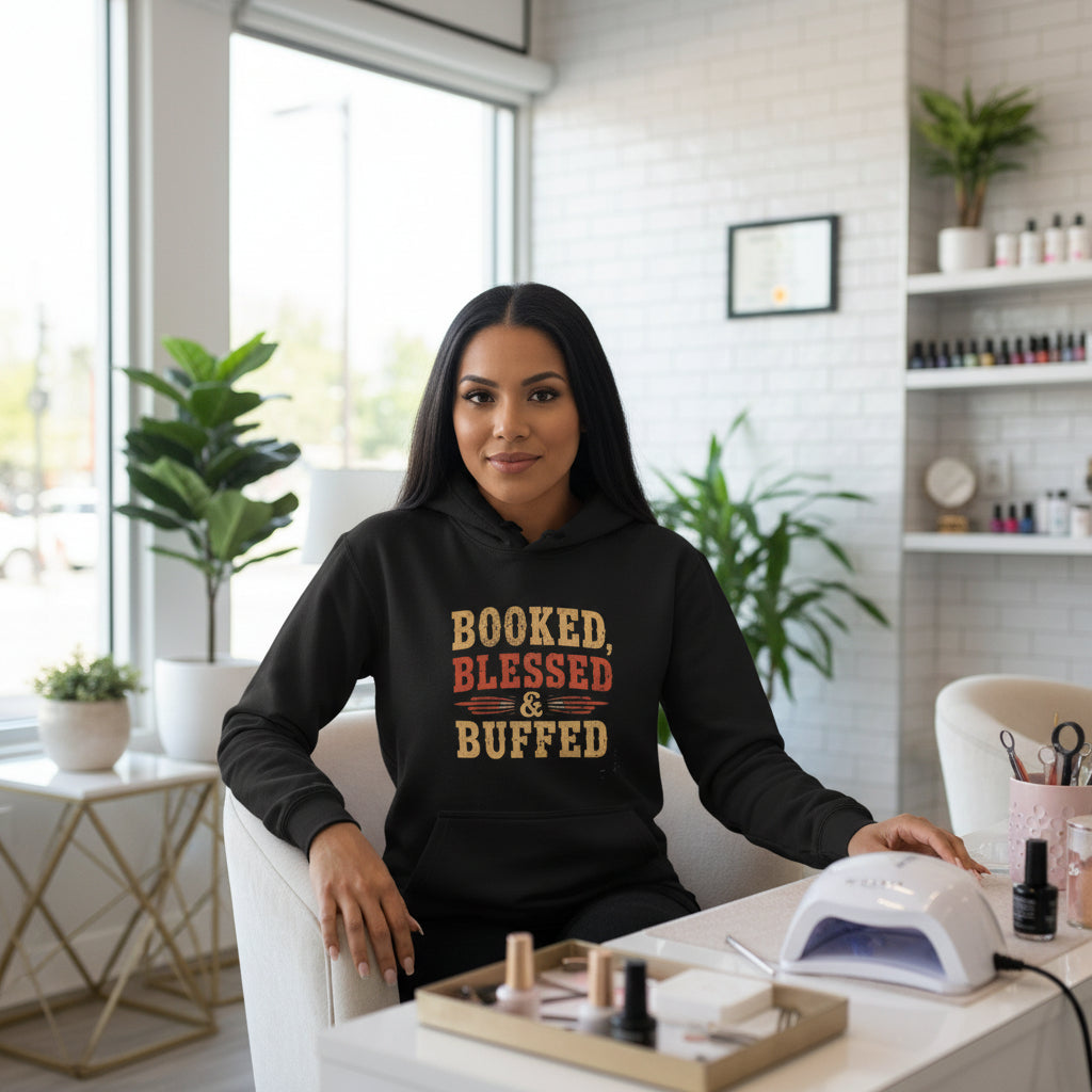 Black hoodie with 'Booked, Blessed & Buffed' text on a white background