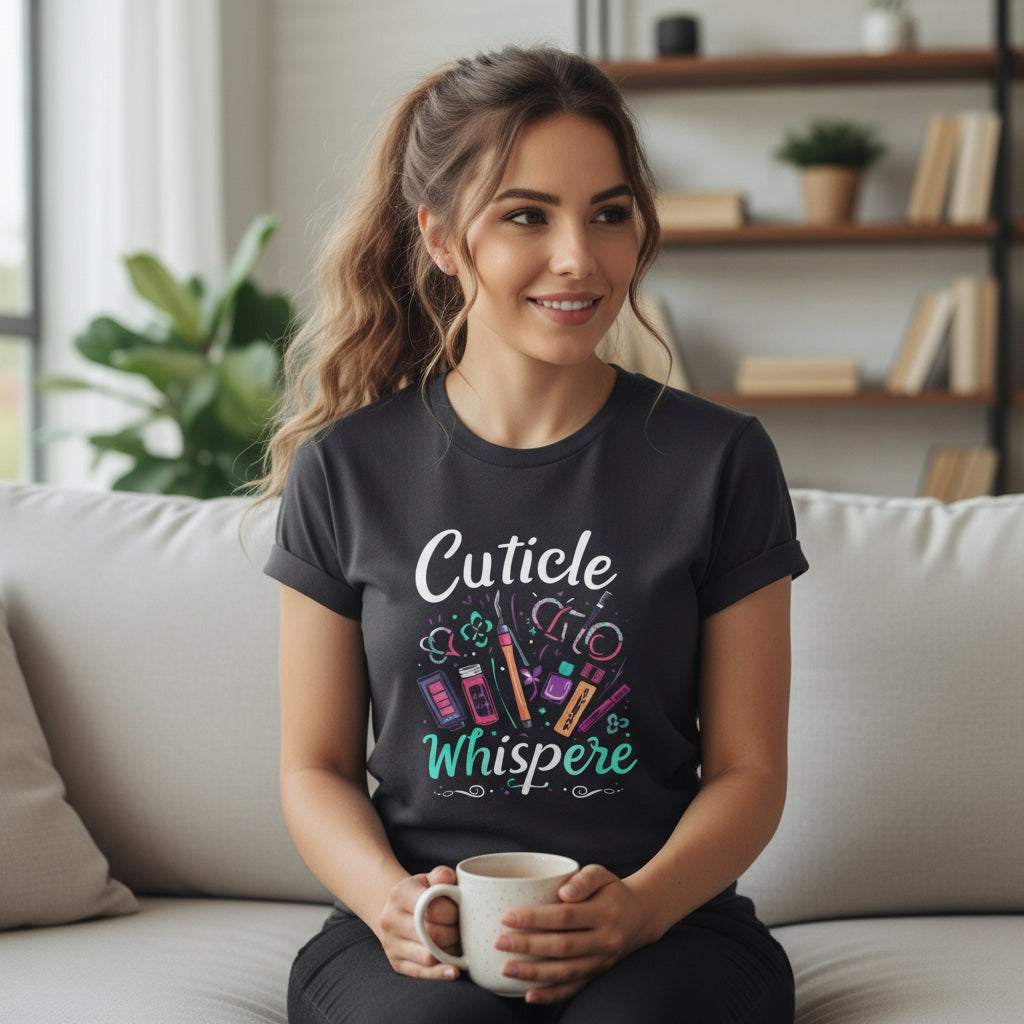 Black t-shirt with colorful graphic and text on a white background