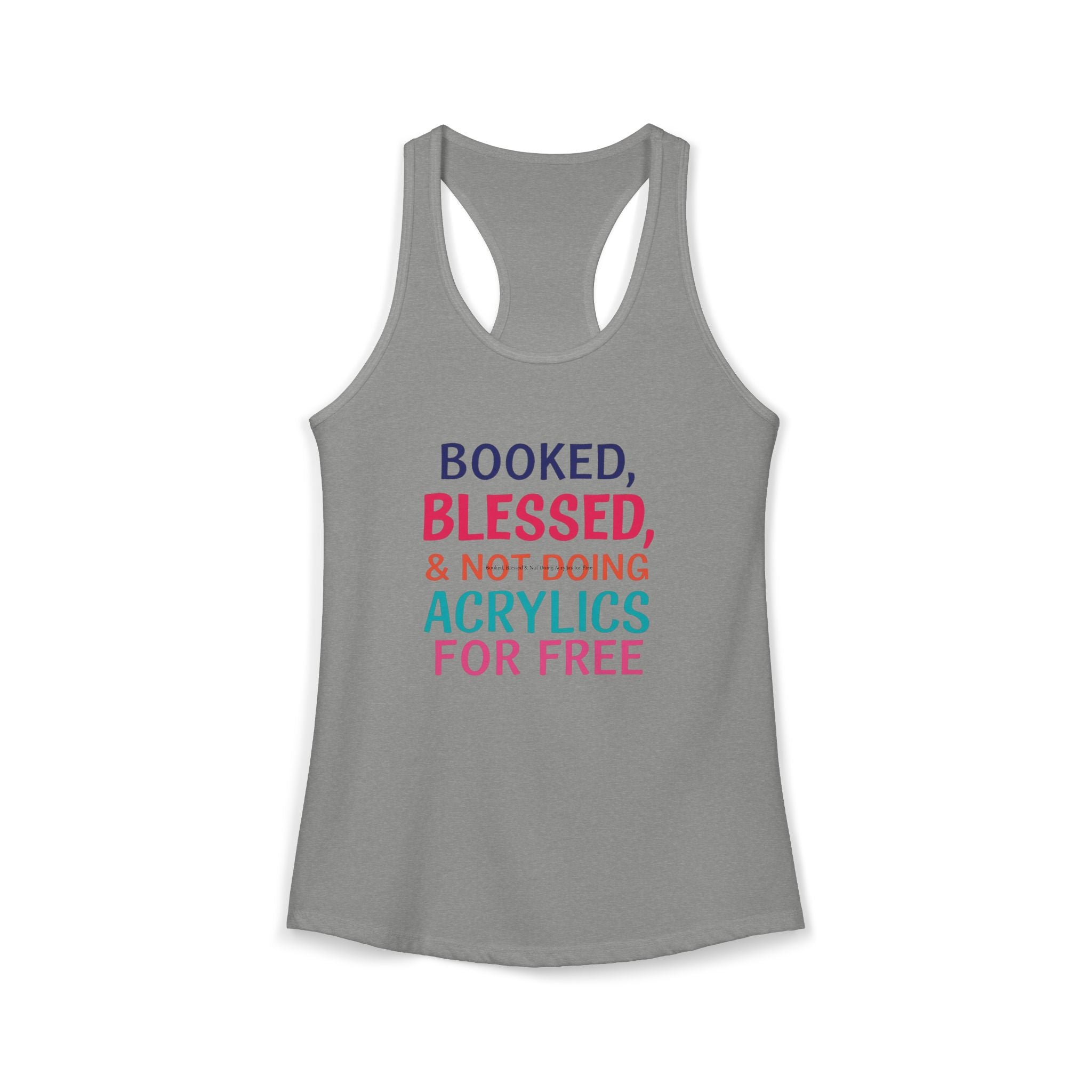 Gray tank top with colorful text on a white background