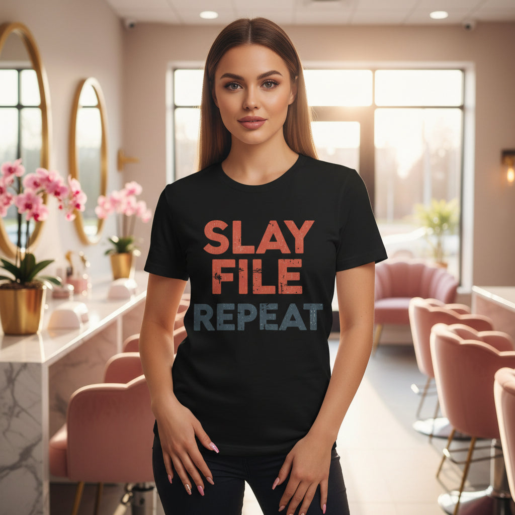 Black t-shirt with 'Slay File Repeat' text on a white background