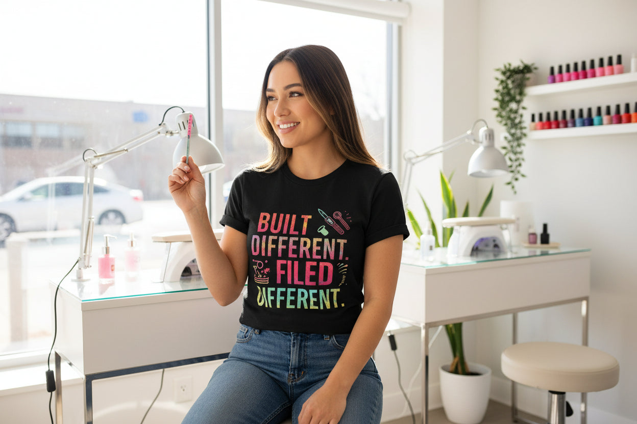 Black t-shirt with colorful text and graphics on a white background