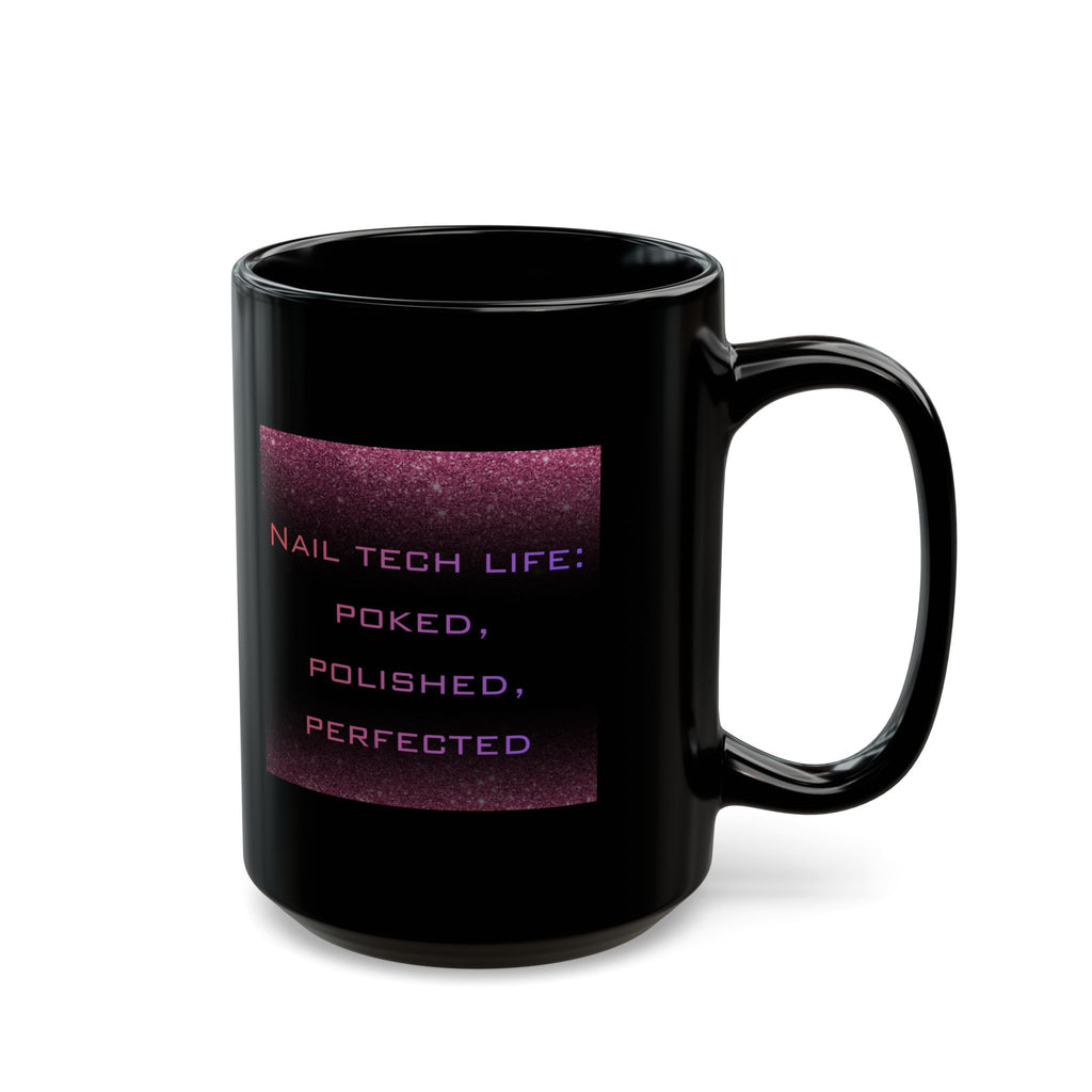 Black mug with purple text on a white background