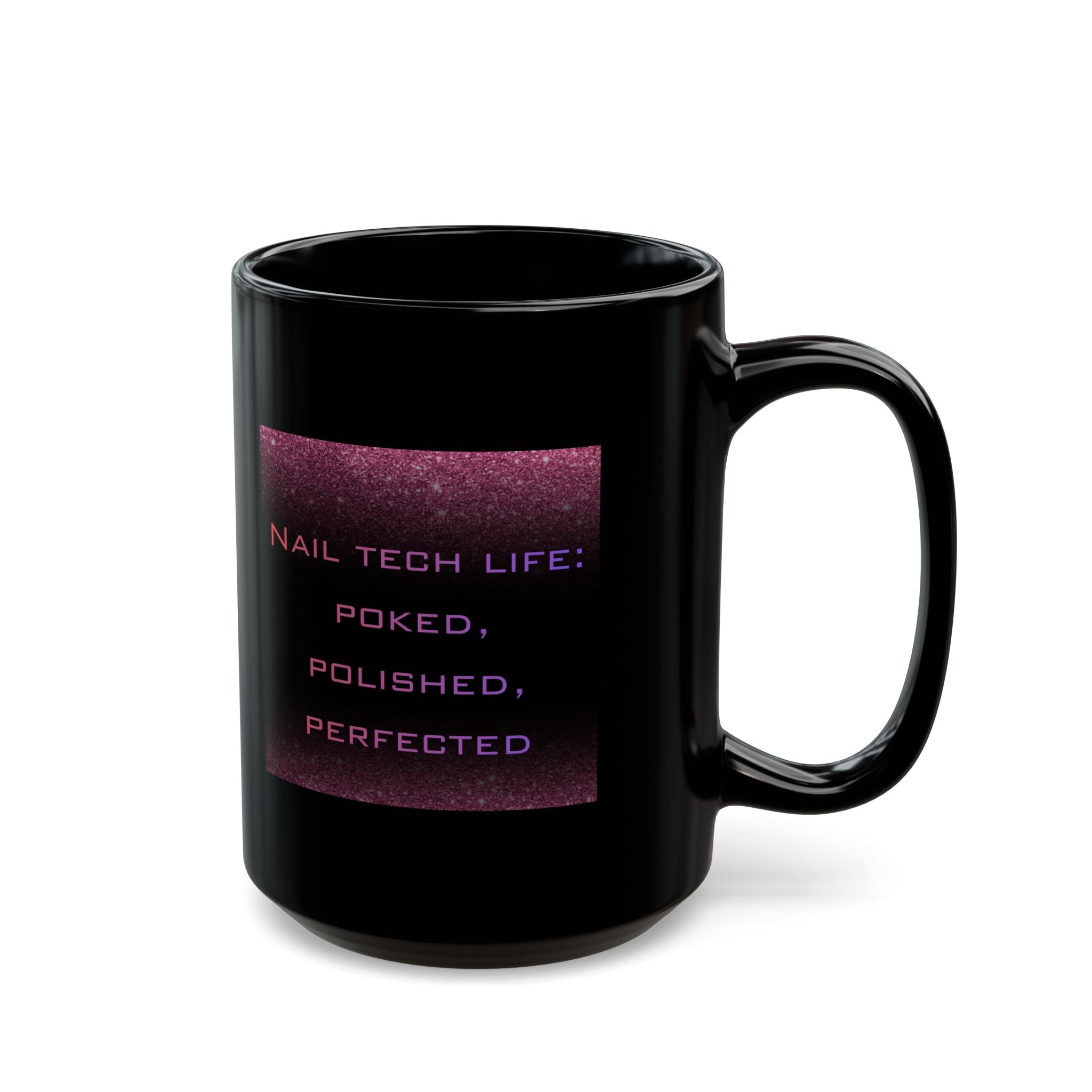Black mug with purple text on a white background