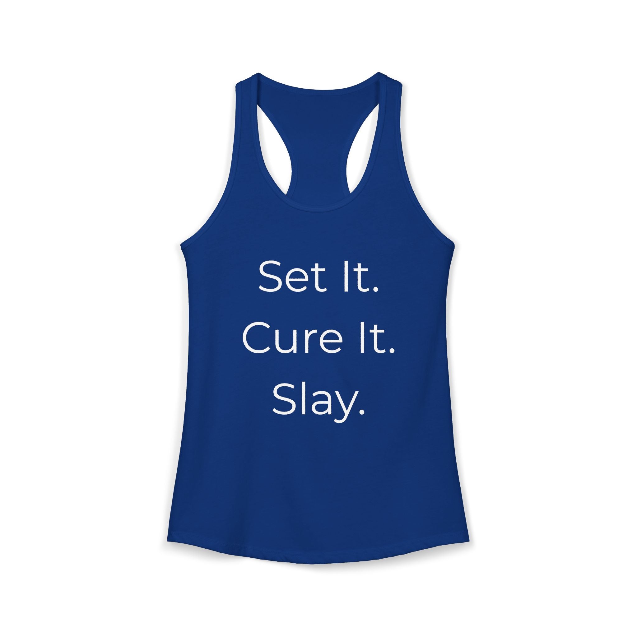Blue tank top with text 'Set It. Cure It. Slay.' on a white background