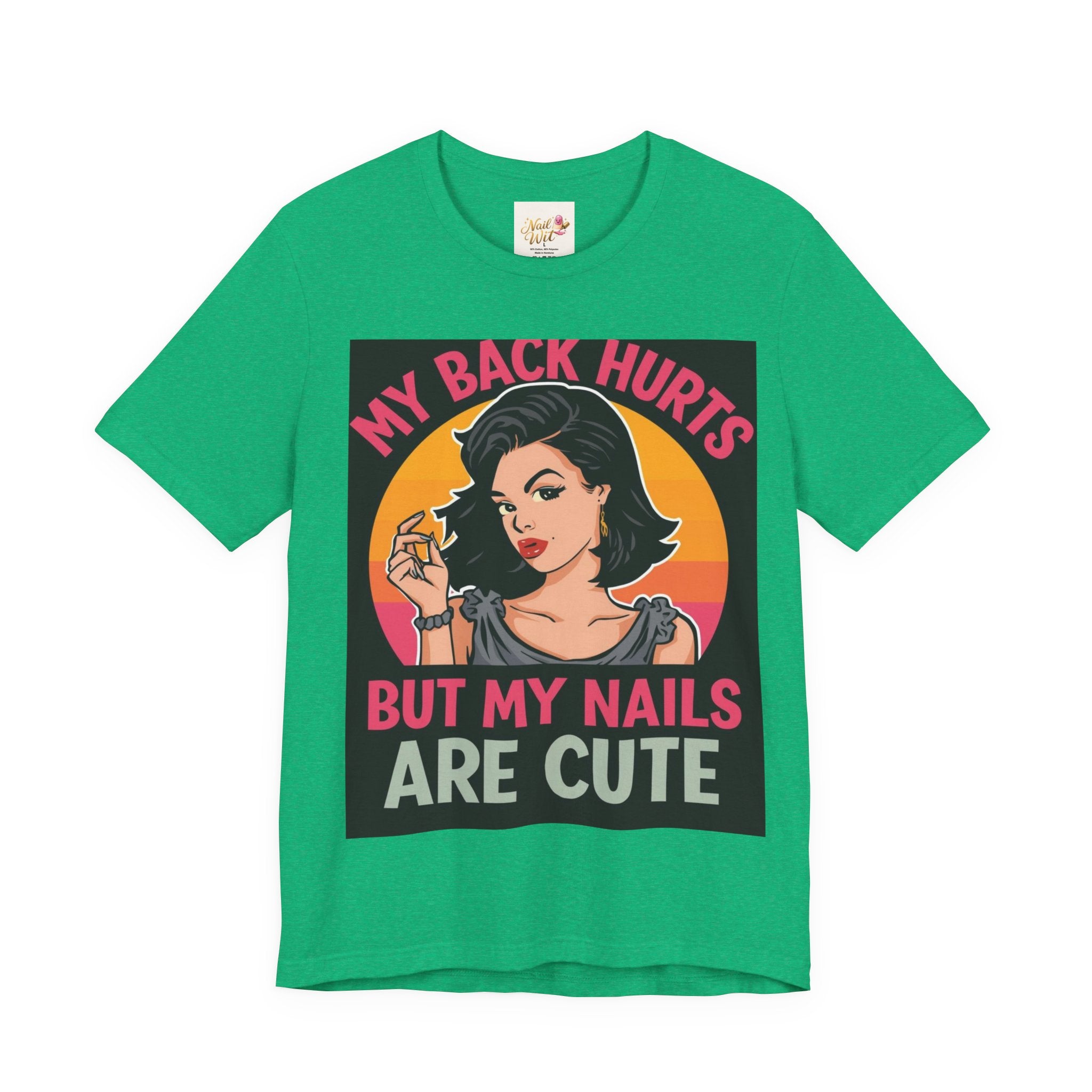 Green t-shirt with a graphic design featuring a woman and text on a white background