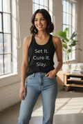 Gray tank top with a black graphic and text on a white background