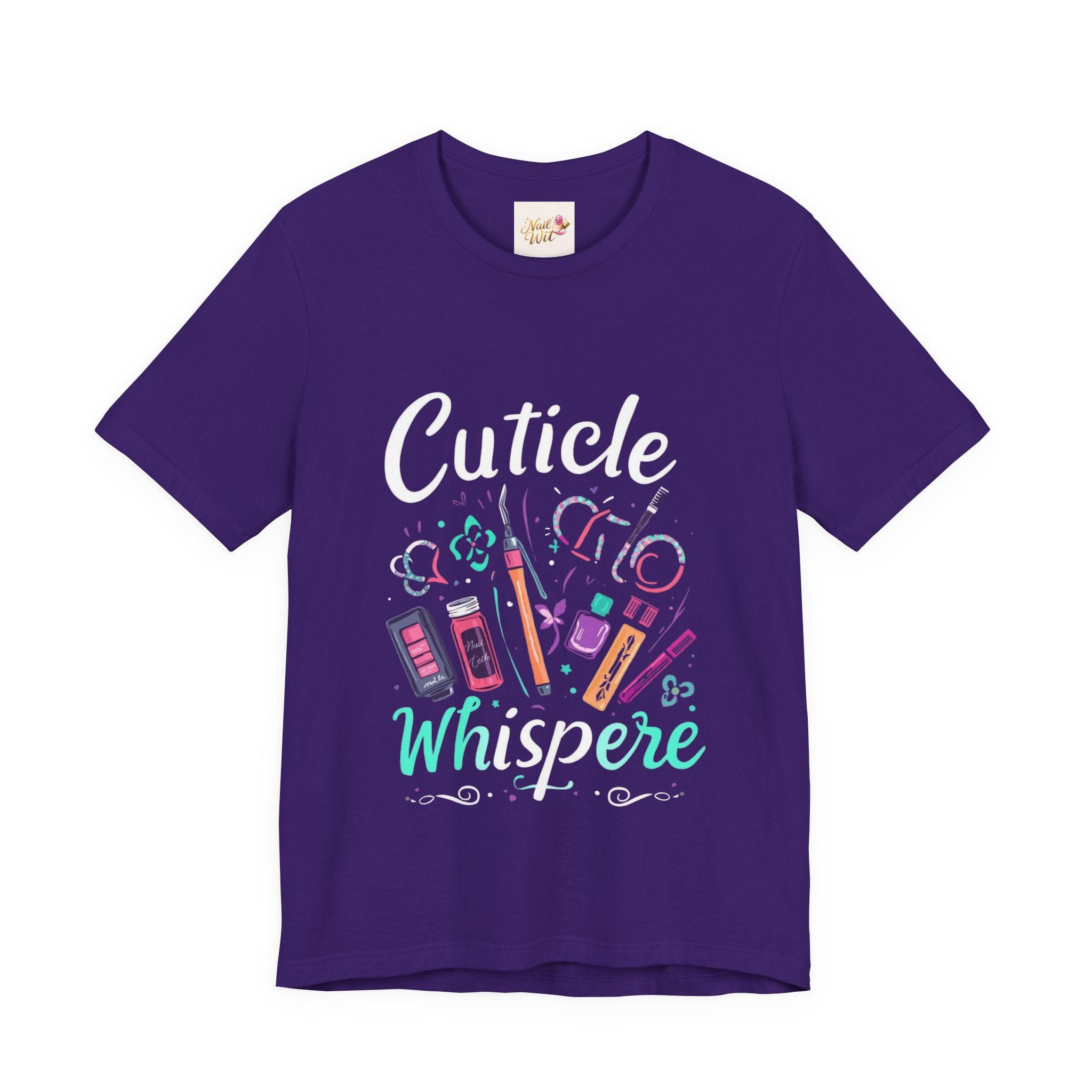 Purple t-shirt with 'Cuticle Whisperer' text and nail polish graphics on a white background