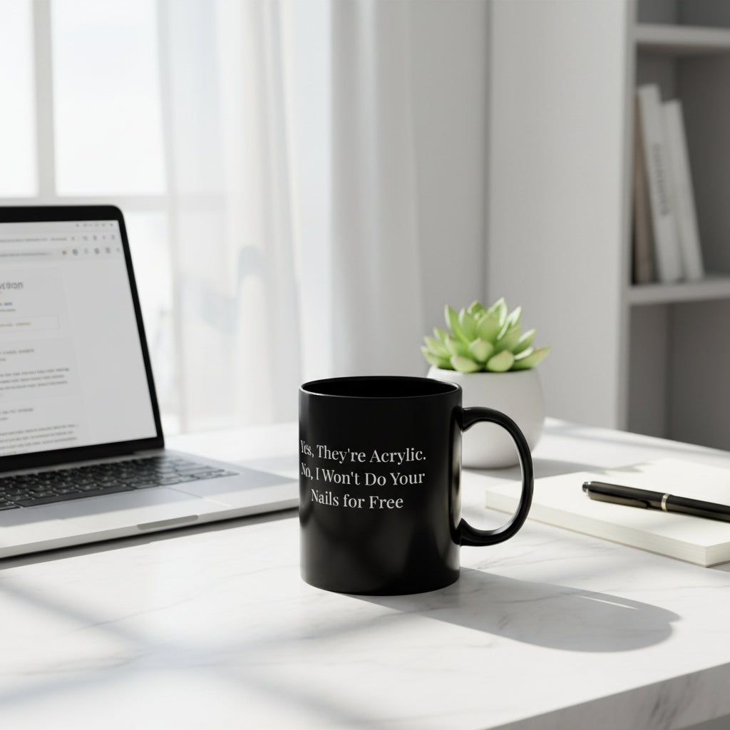 Black mug with white text on a white background