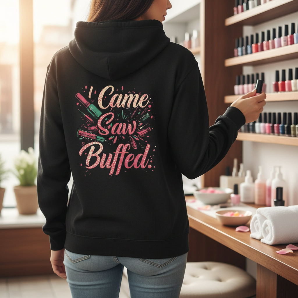 Black hoodie with 'I Came, I Saw, I Buffed' text and makeup brush graphics on a white background