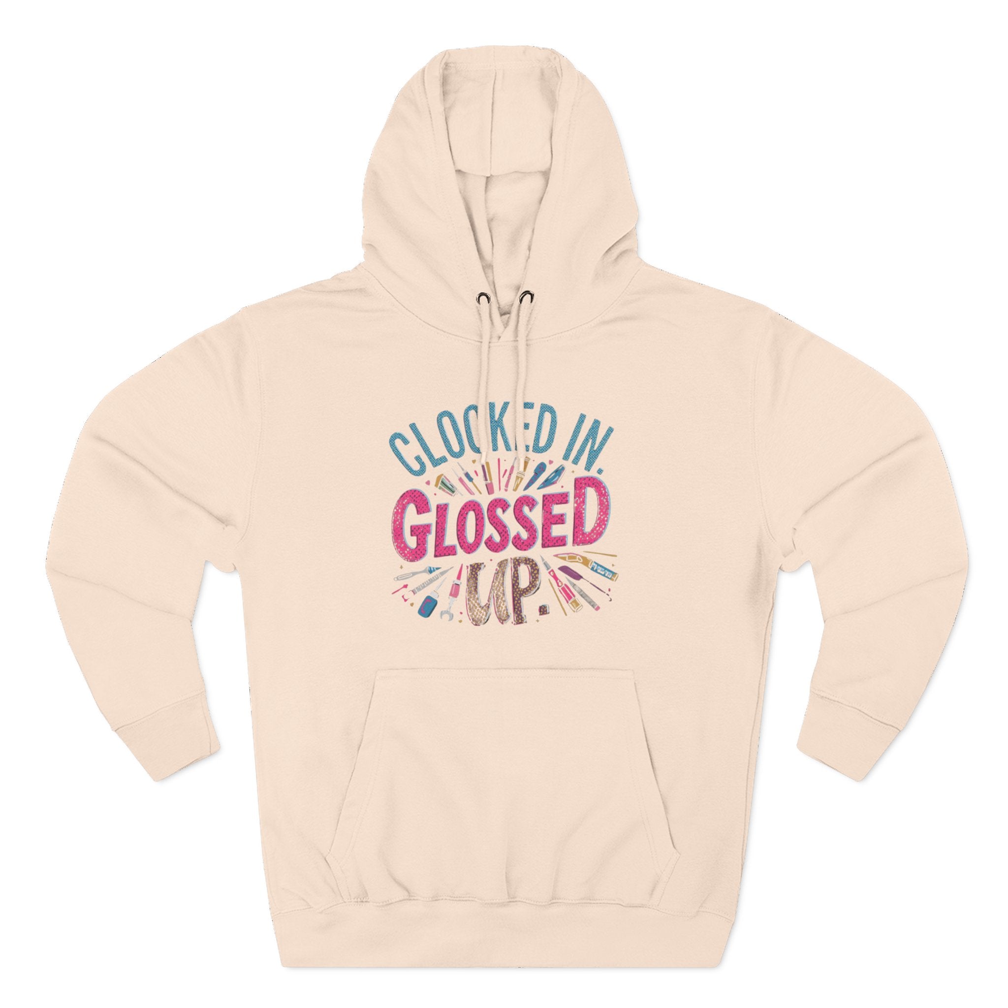 Beige hoodie with colorful text design on a white background