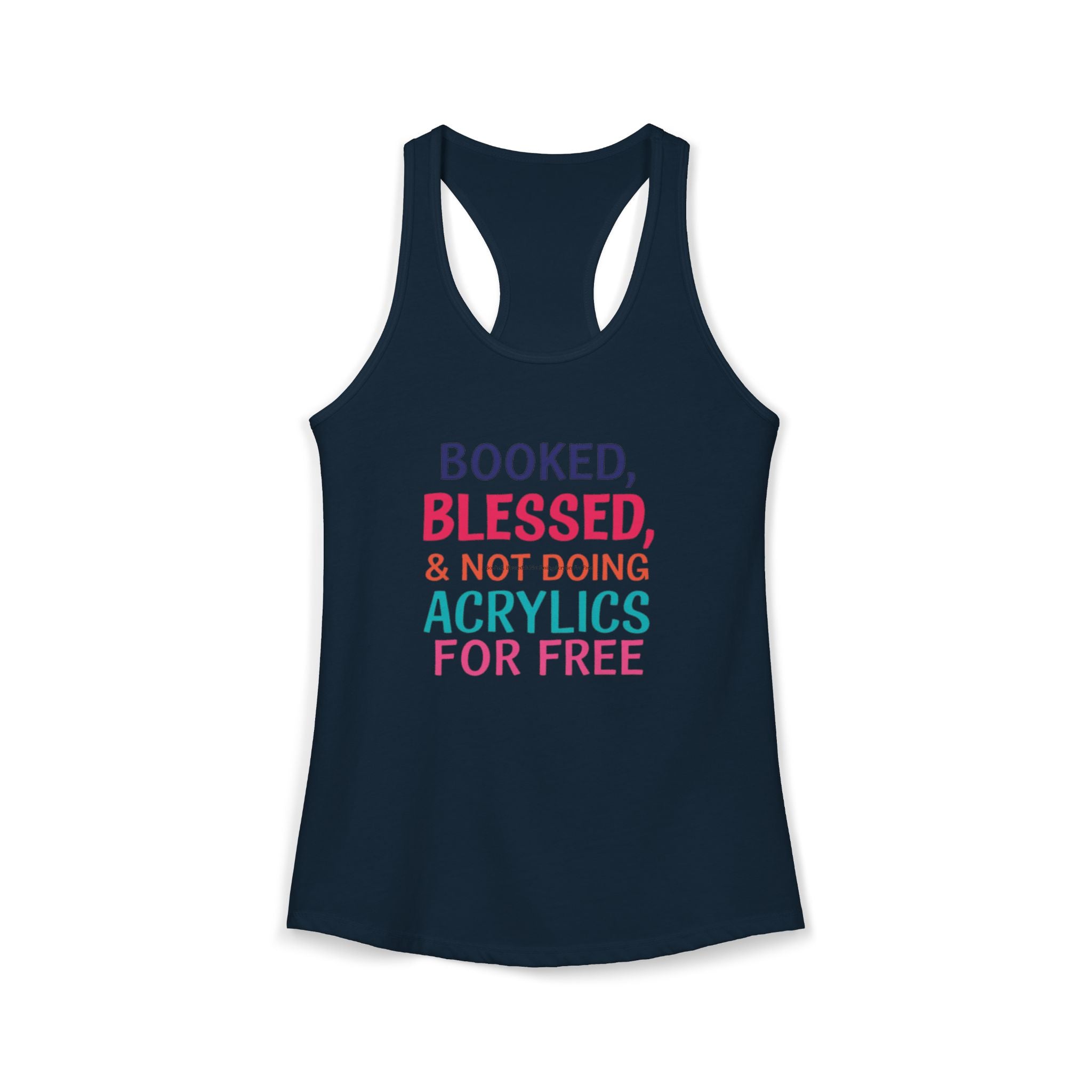 Navy tank top with colorful text on a white background