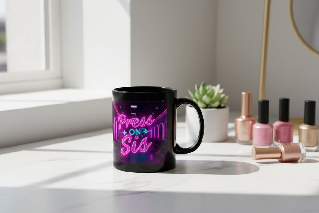 Black mug with neon-style text 'Press On Sis' on a white background