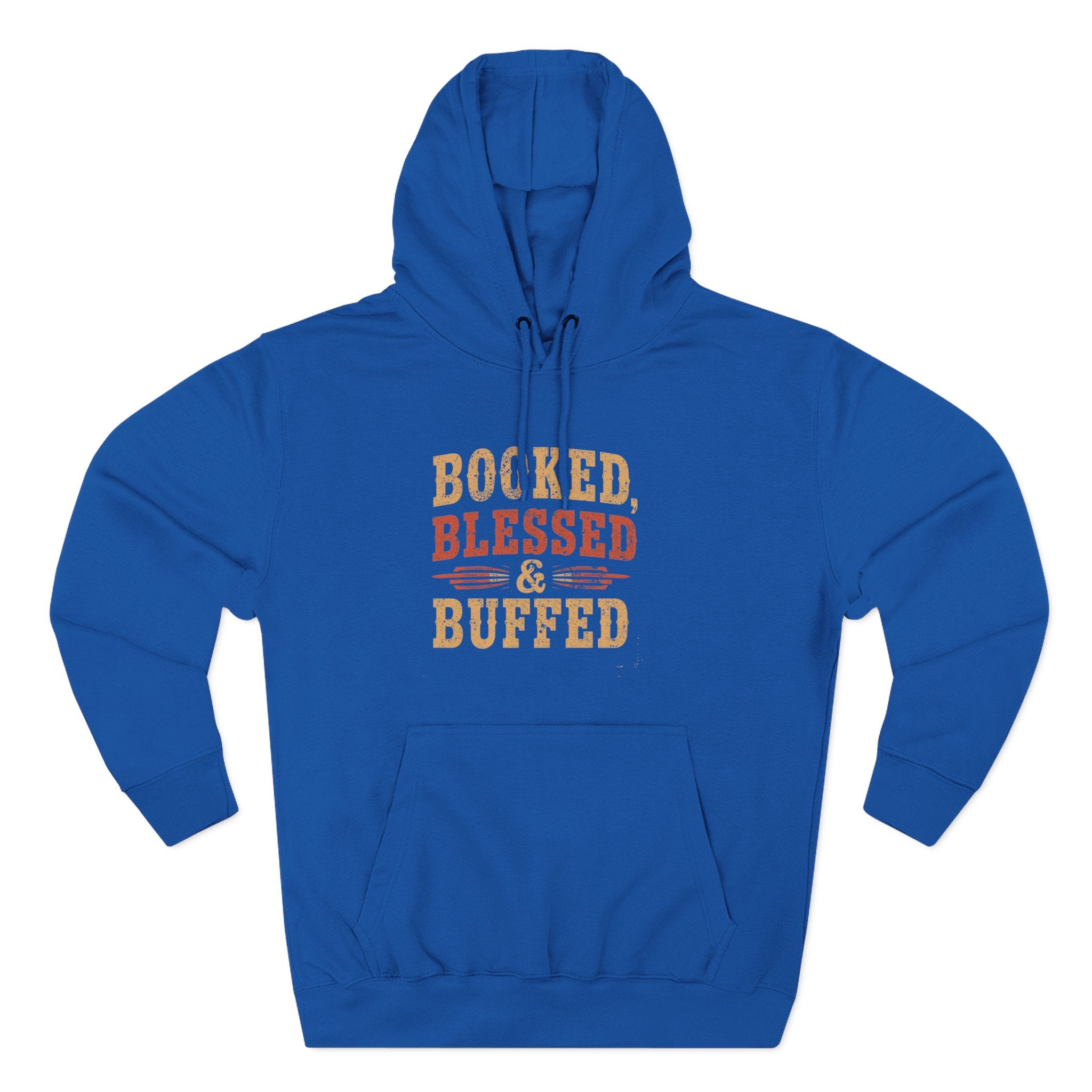 Blue hoodie with 'Rocked, Blessed & Buffed' text on a white background