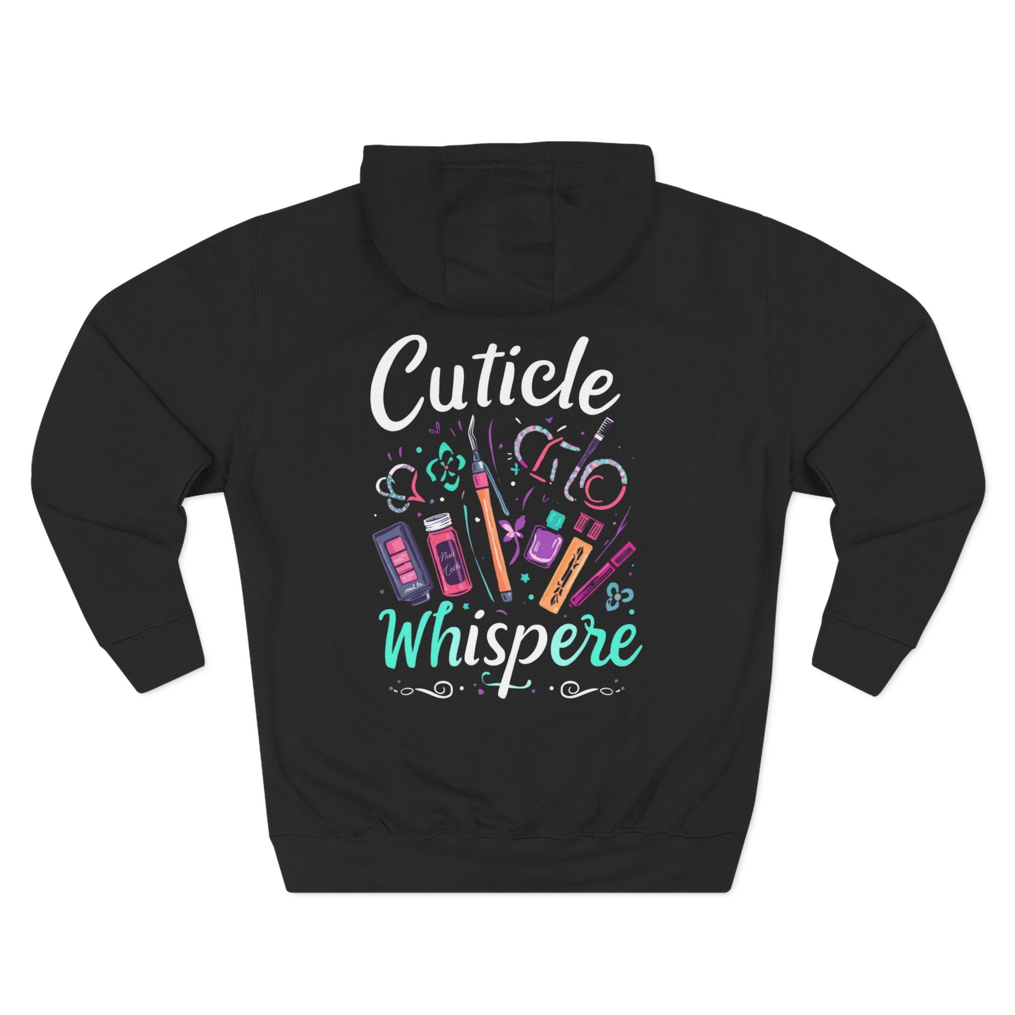 Black hoodie with 'Cuticle Whispere' text and colorful graphics on a white background