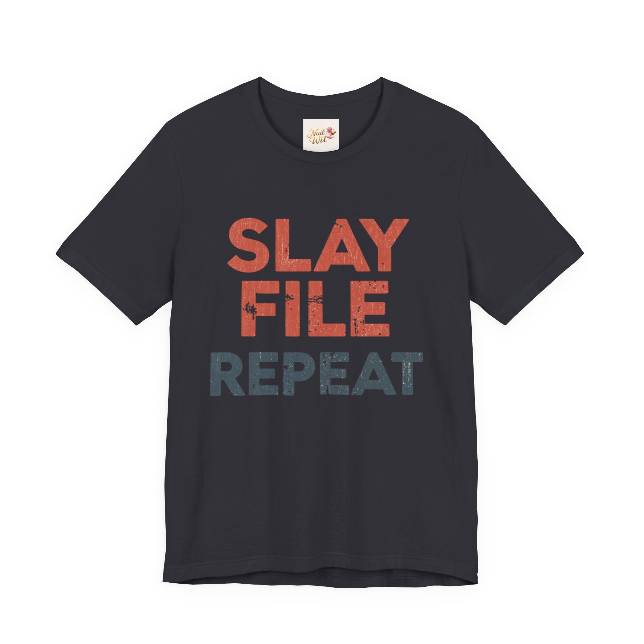 Black t-shirt with 'Slay File Repeat' text on a white background