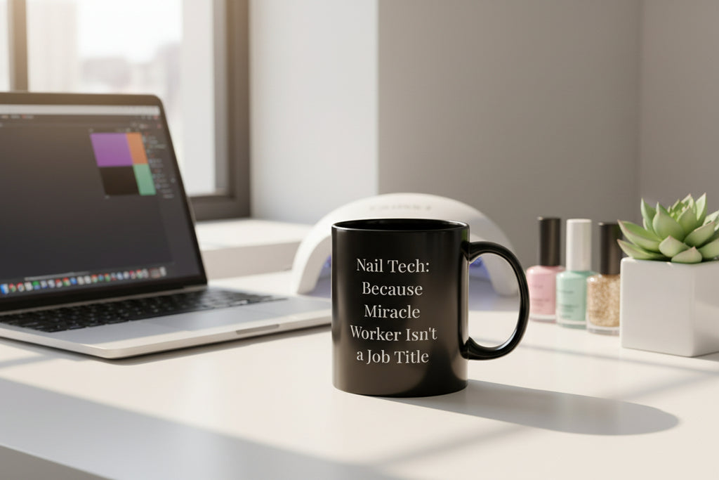 Black mug with white text on a white background