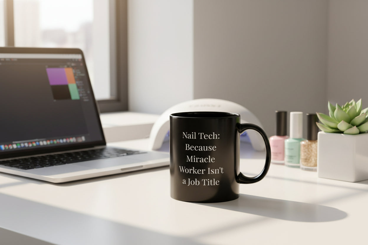 Black mug with white text on a white background