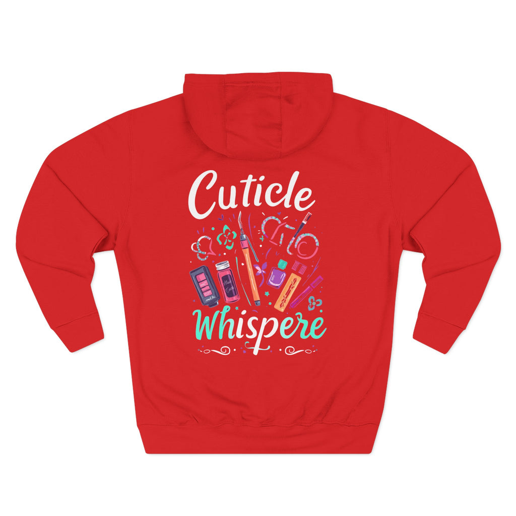 Red hoodie with 'Cuticle Whispere' text and nail polish graphic on a white background