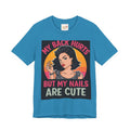 Blue t-shirt with a graphic design featuring a woman and text on a white background