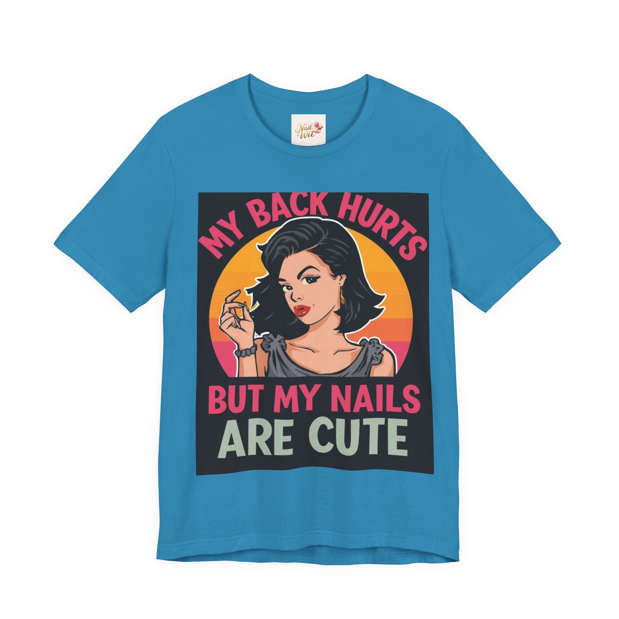 Blue t-shirt with a graphic design featuring a woman and text on a white background