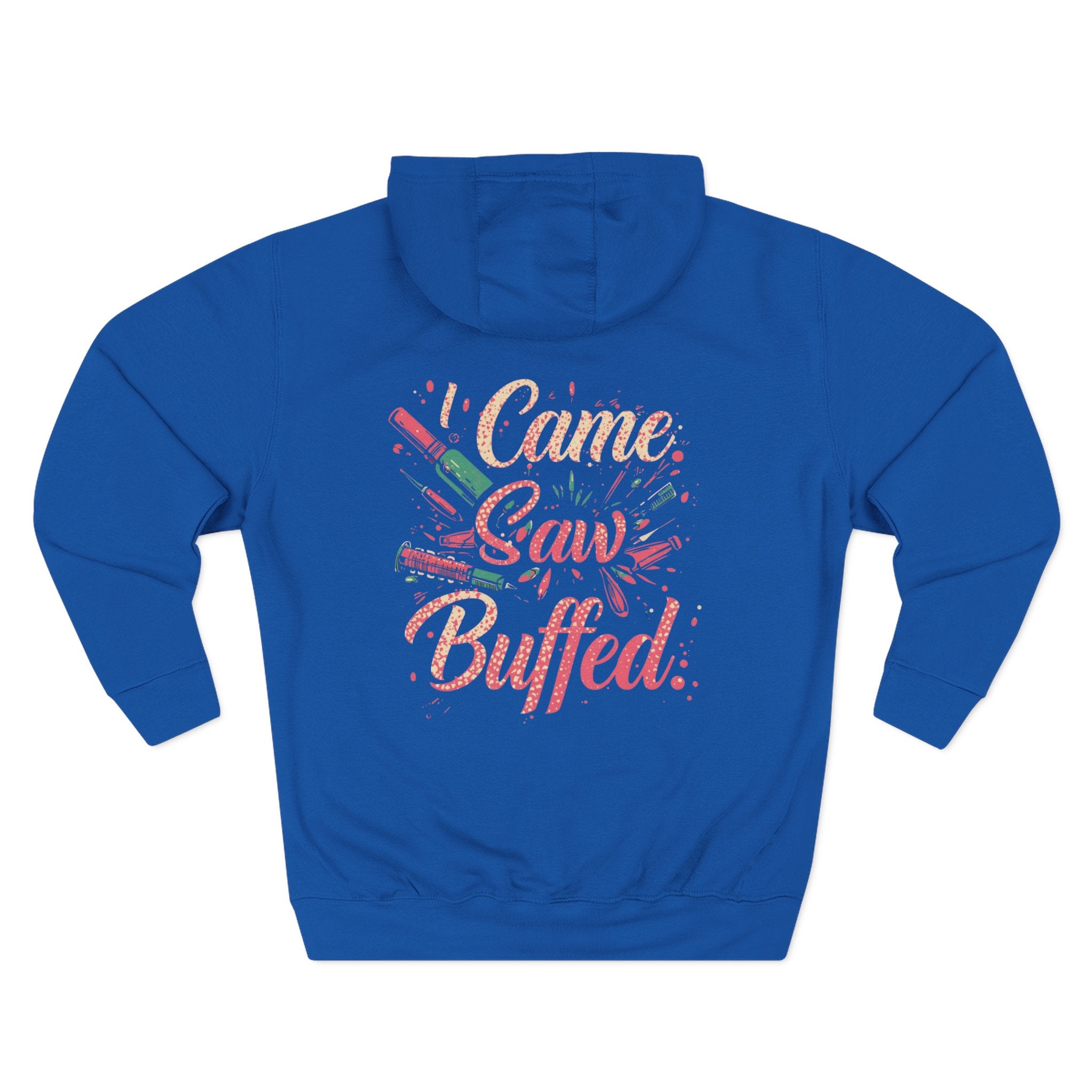 Blue hoodie with colorful text design on a white background