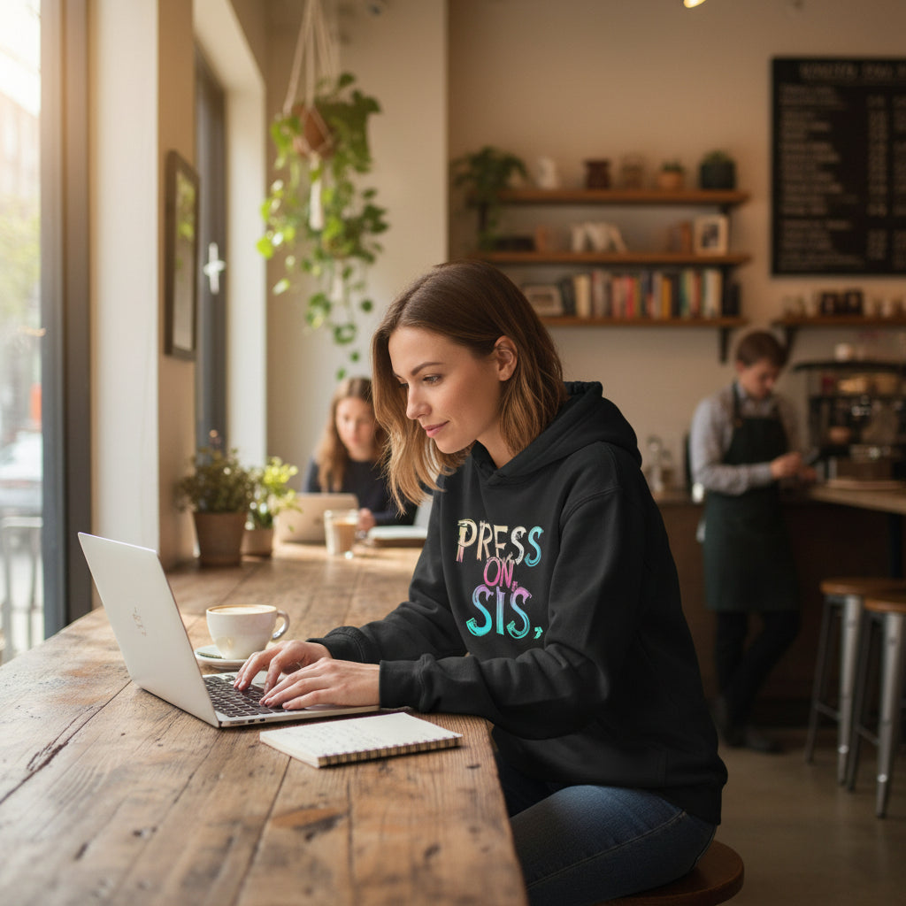 Black hoodie with 'PRESS ON, SIS' text in colorful letters on a white background