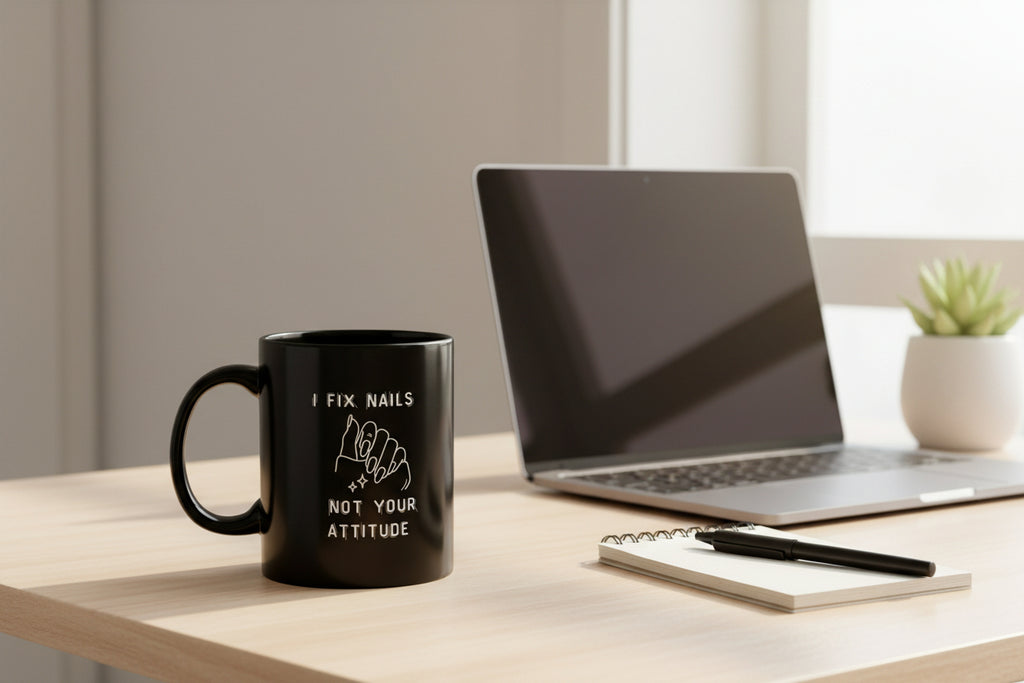 Black mug with white text and graphic on a white background