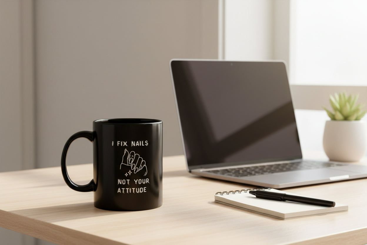 Black mug with white text and graphic on a white background