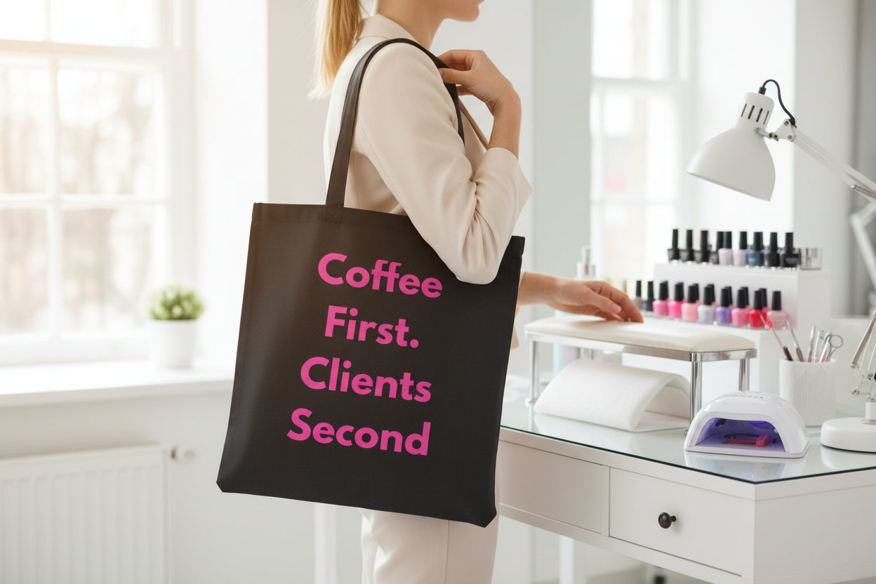 Black tote bag with pink text 'Coffee First. Clients Second' on a white background
