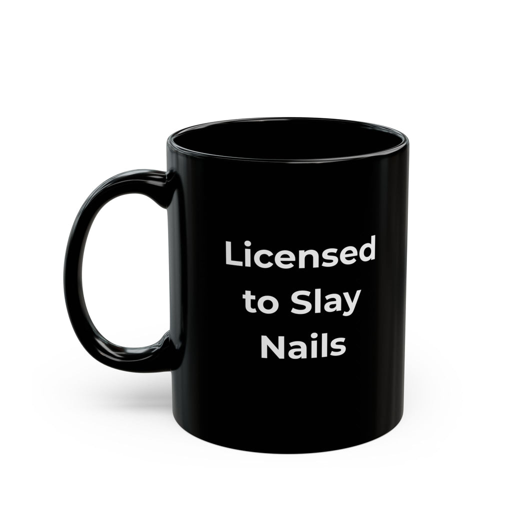 Black mug with a white dog illustration and text on a white background