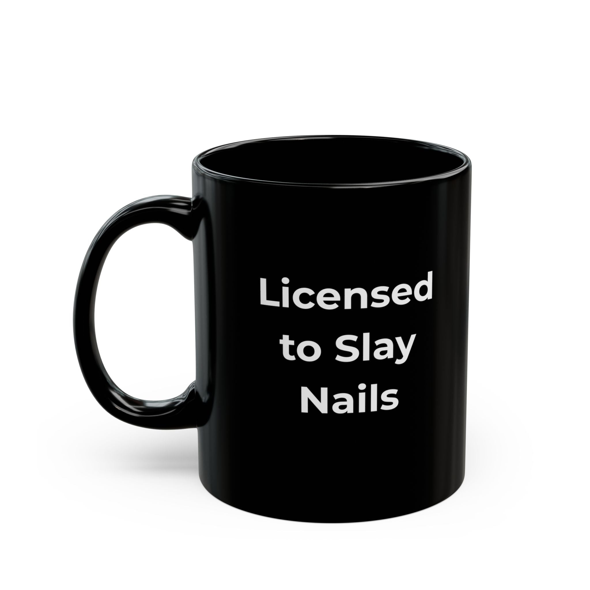 Black mug with a white dog illustration and text on a white background