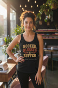 Black tank top with 'Booked, Blessed & Buffed' text on a white background