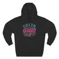 Black hoodie with colorful text design on a white background