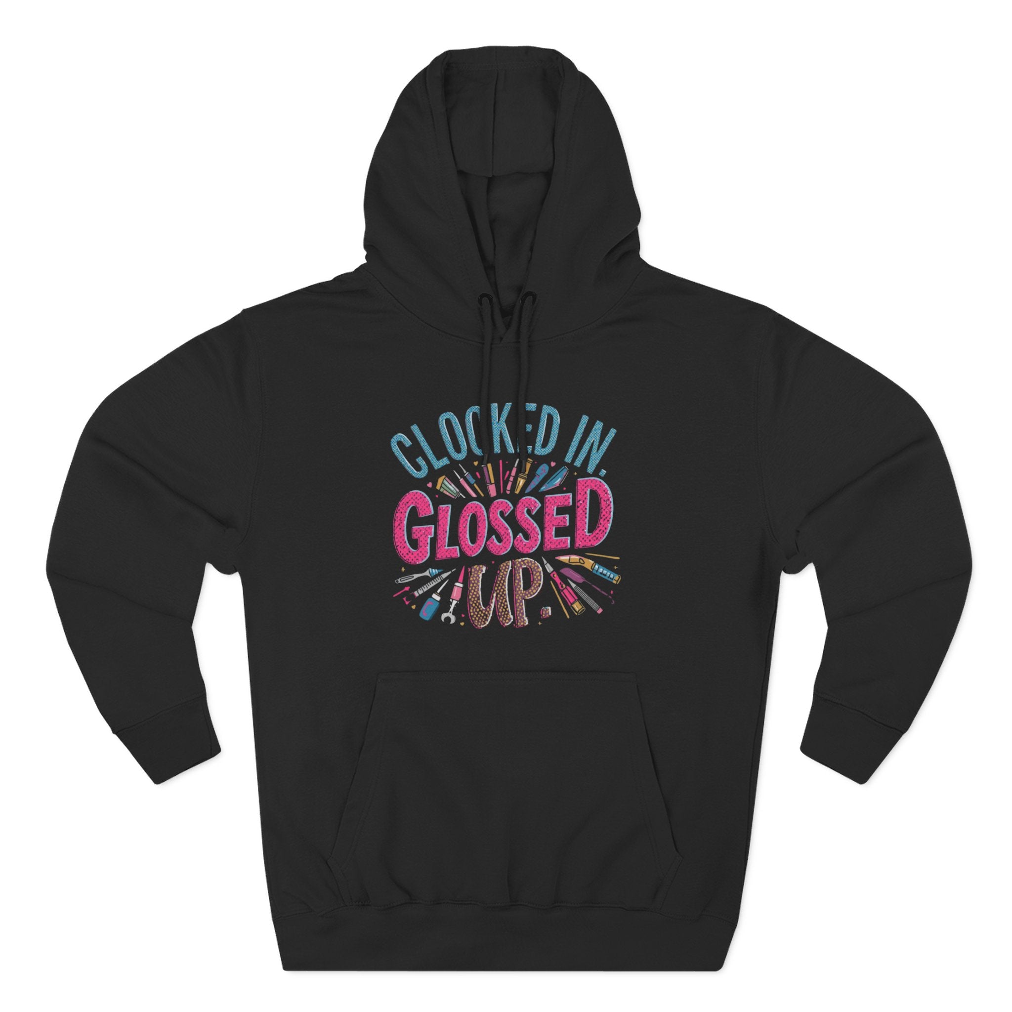 Black hoodie with colorful text design on a white background