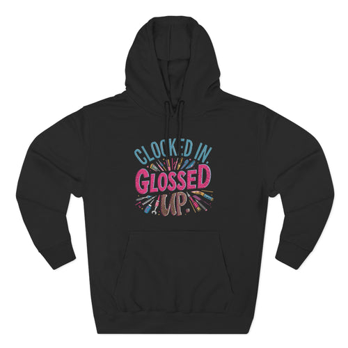 Black hoodie with colorful text design on a white background