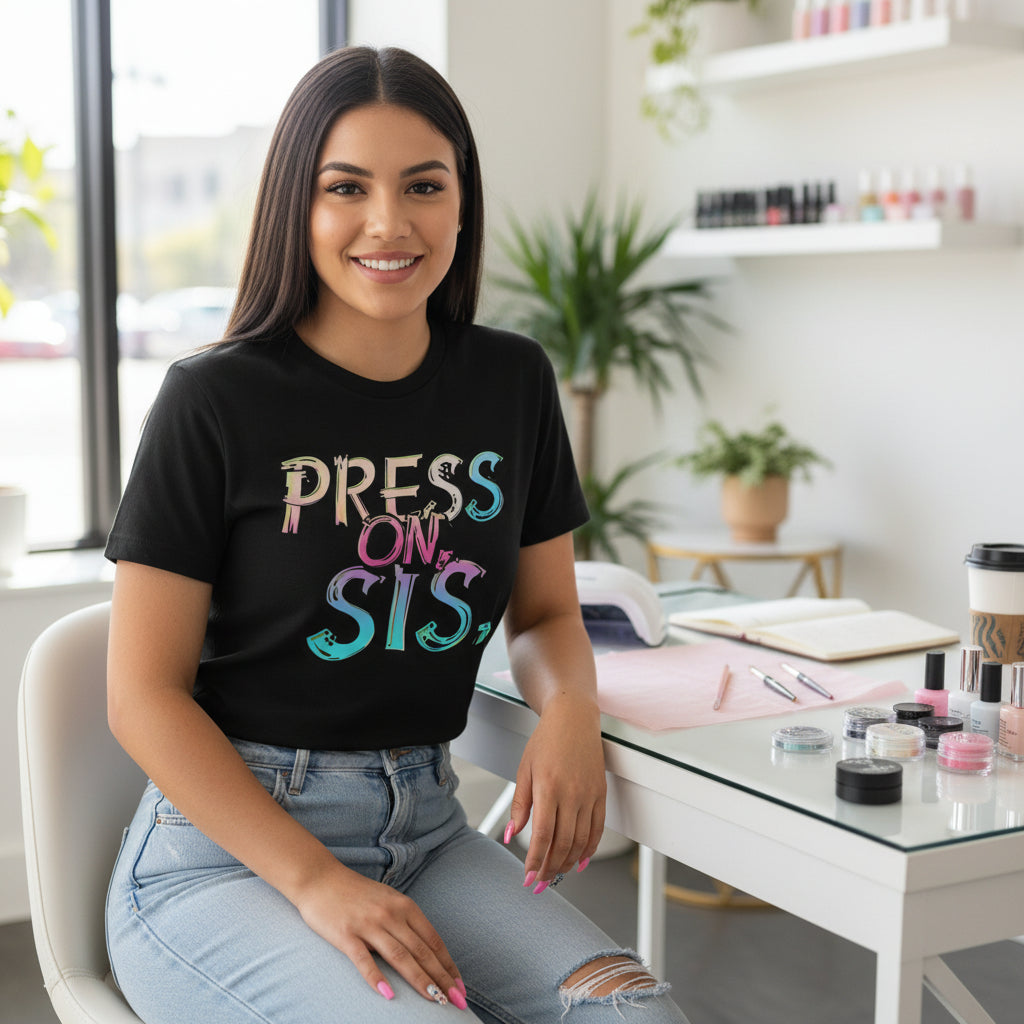Black t-shirt with 'PRESS ON, SIS.' text in colorful letters on a white background