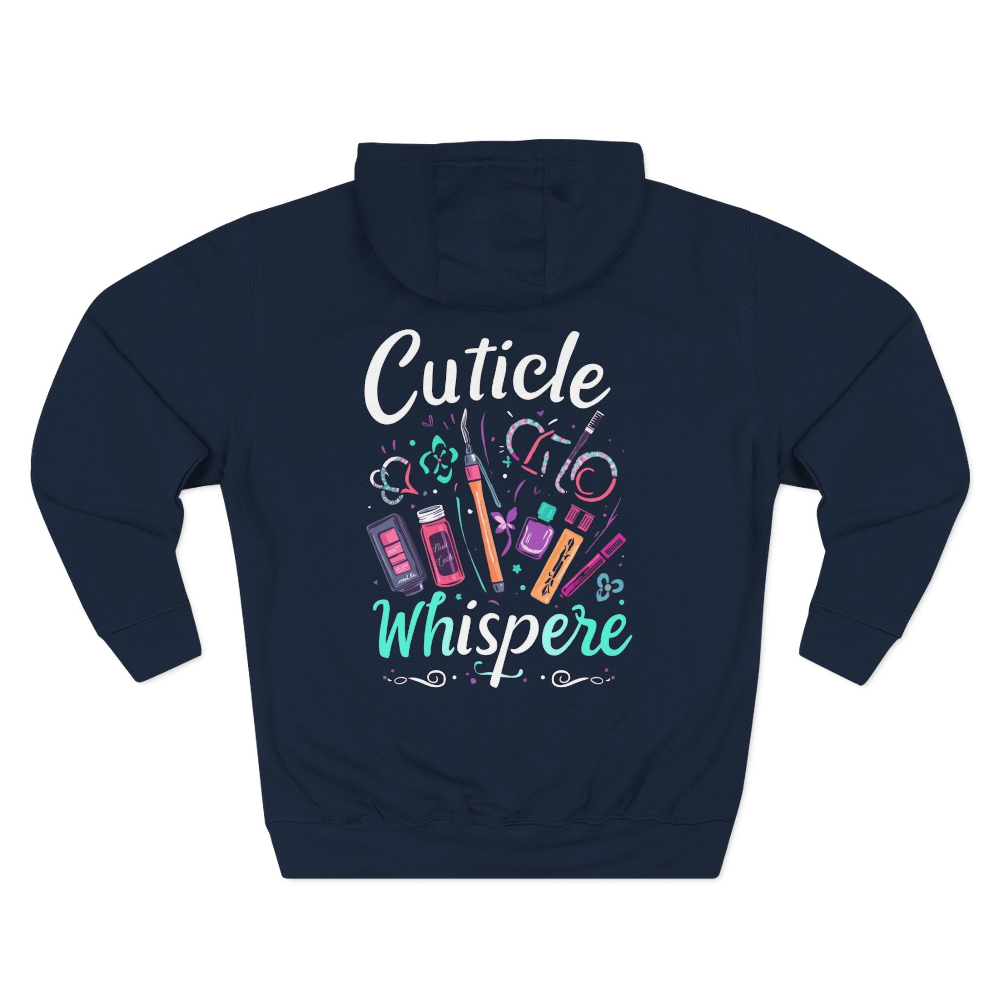 Navy blue hoodie with 'Cuticle Whispere' text and colorful graphics on a white background