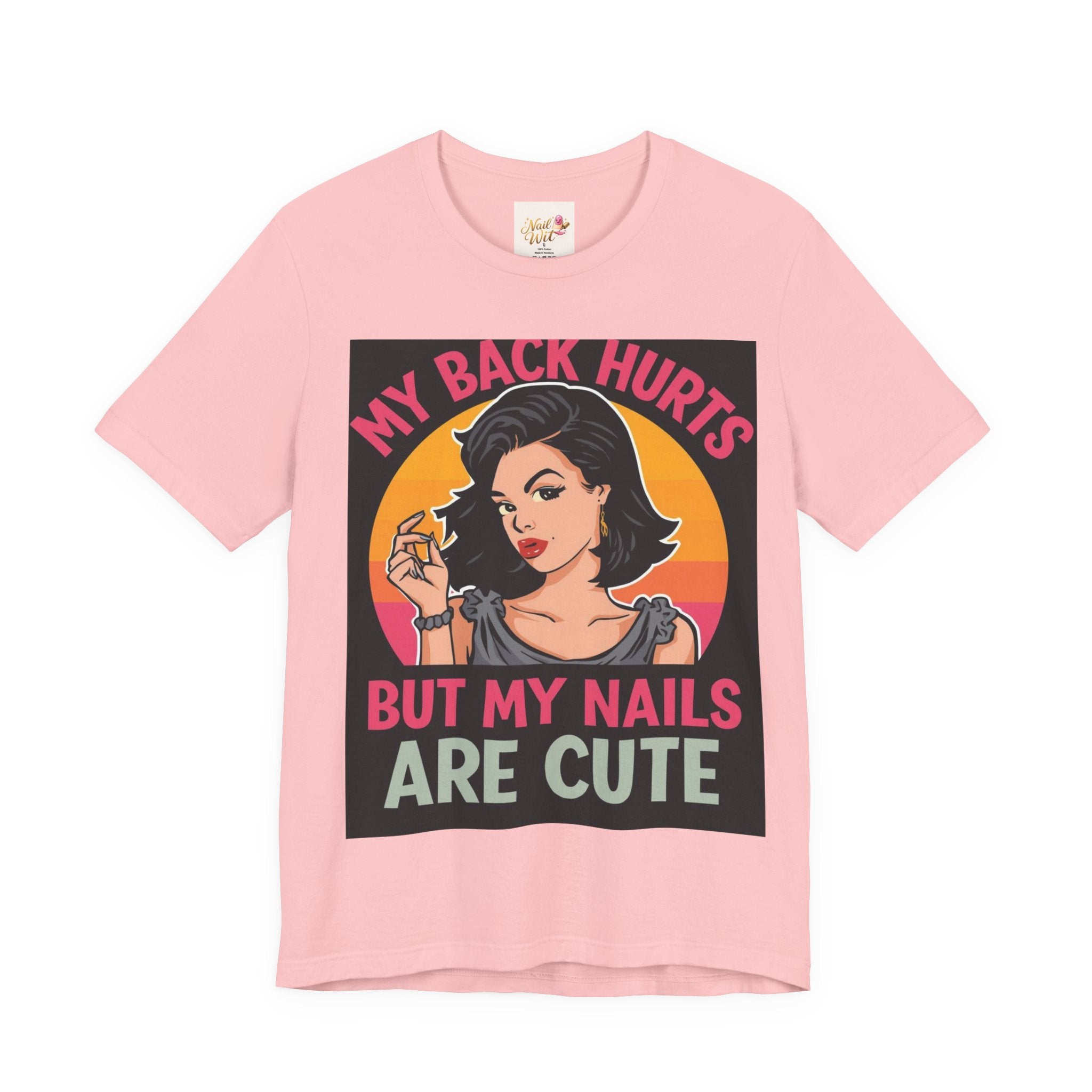 Pink t-shirt with graphic design and text on a white background