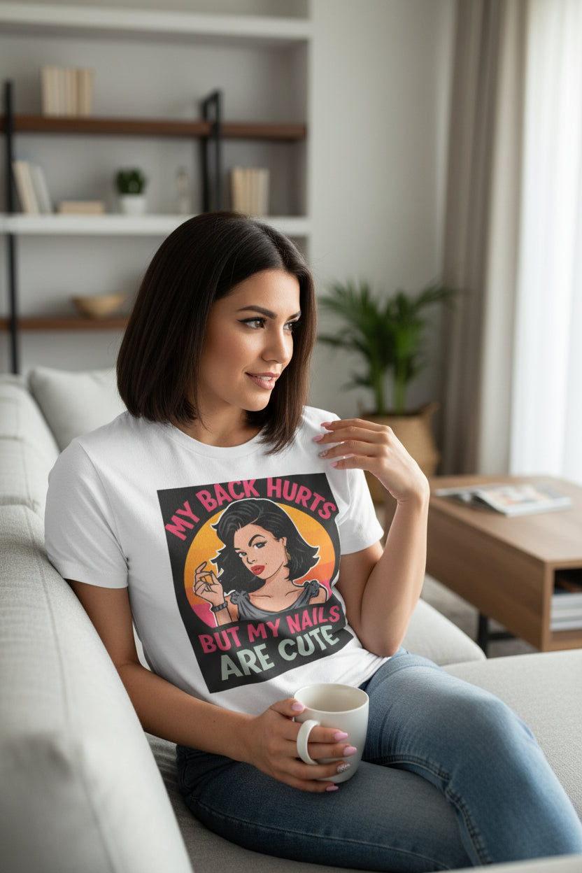 White t-shirt with a graphic design featuring a woman and text on a white background