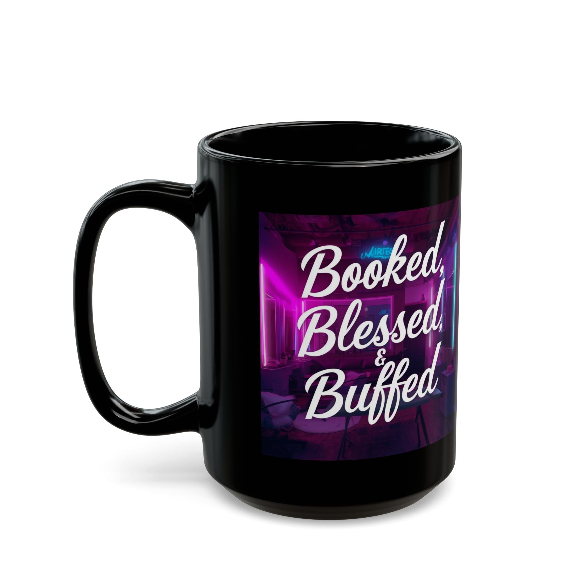 Black mug with 'Booked, Blessed & Buffed' text on a purple abstract design