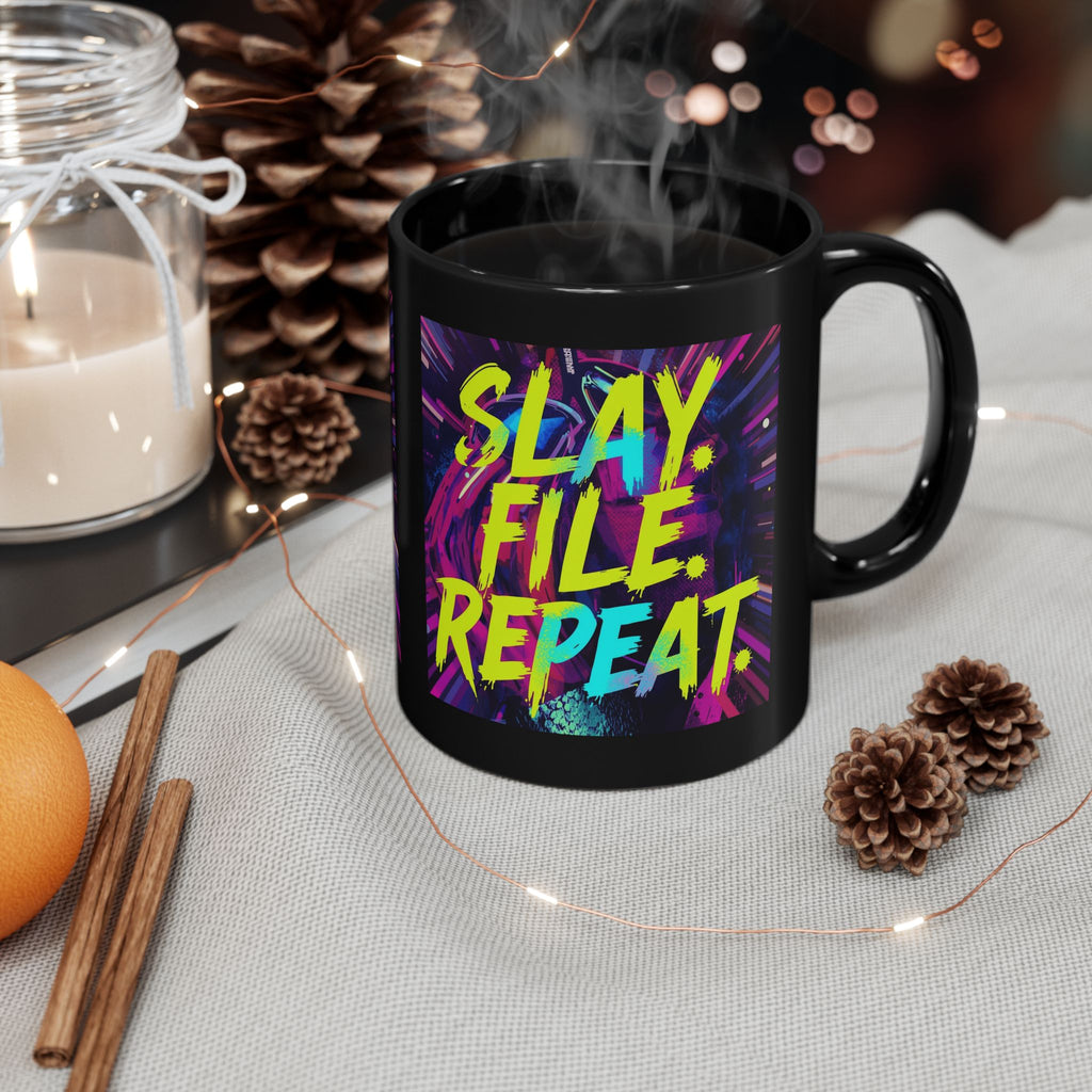 Black mug with colorful text 'Slay. File. Repeat.' on a table with decorative items.