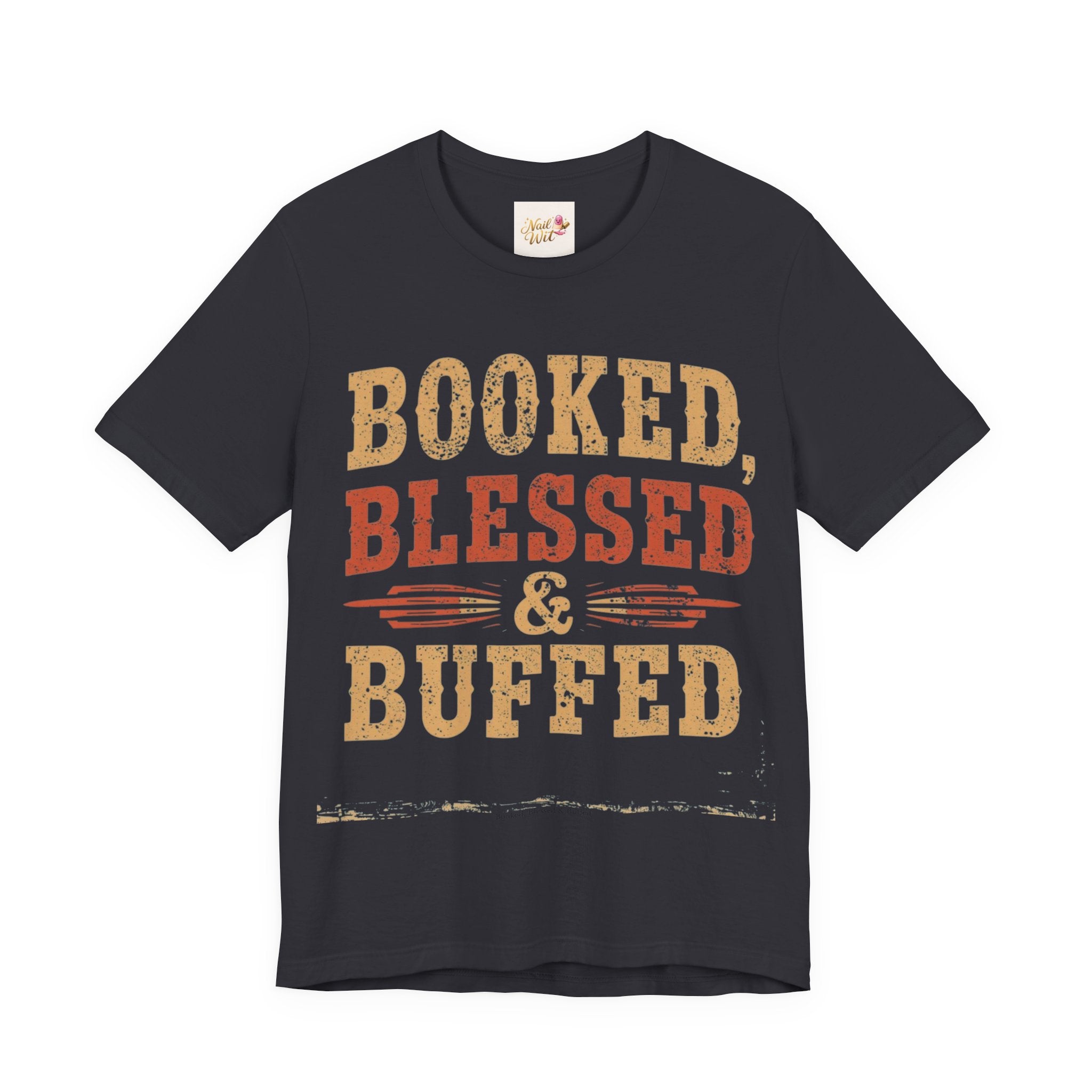 Black t-shirt with 'Booked, Blessed & Buffed' text on a white background