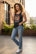 Black tank top with graphic design and text on a white background