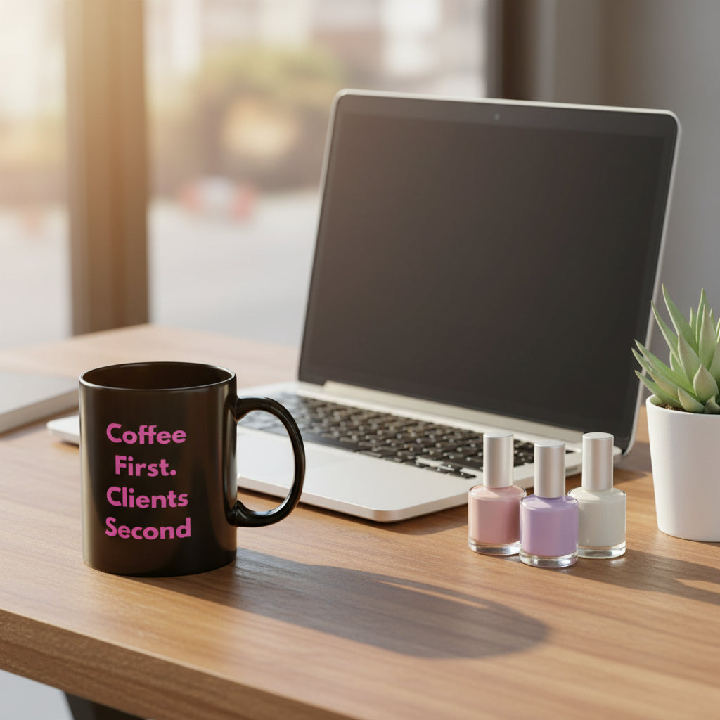 Black mug with pink text 'Coffee First. Clients Second' on a white background