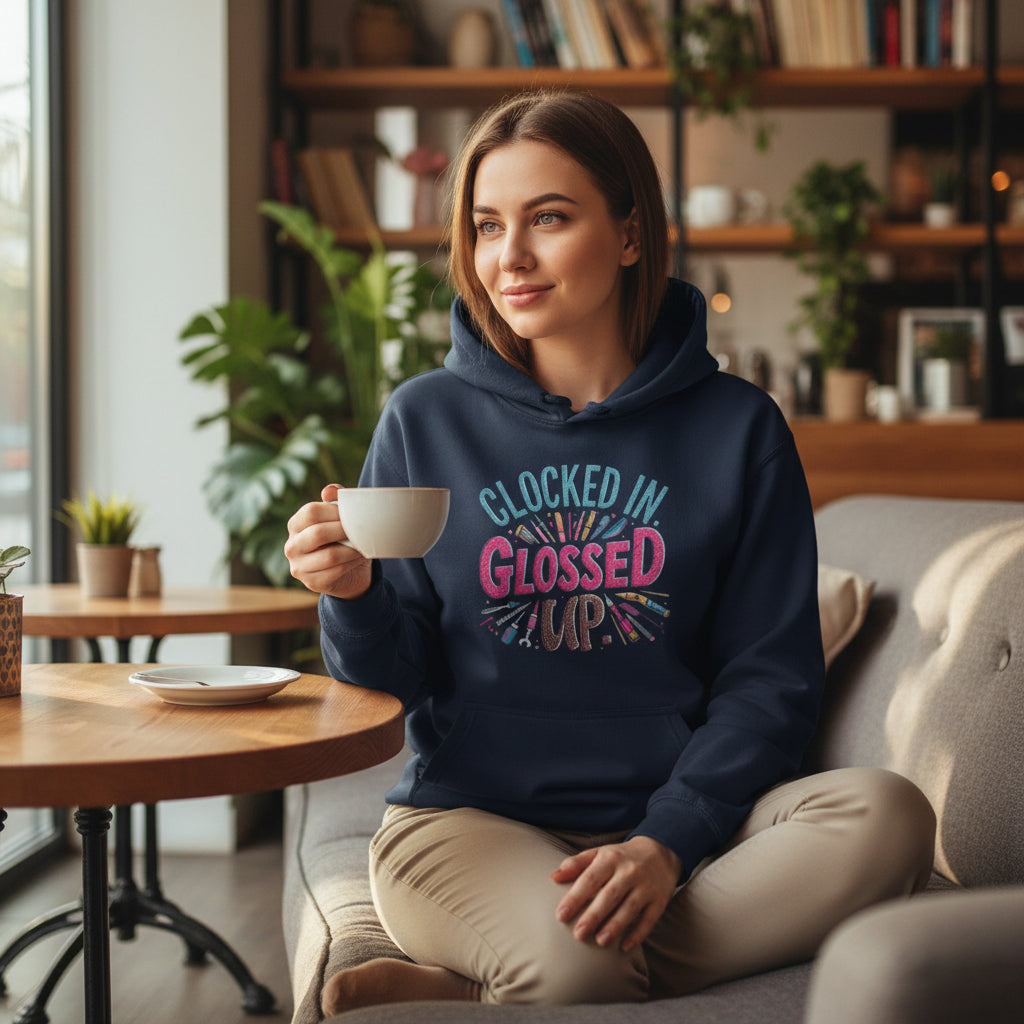 Navy blue hoodie with colorful text design on a white background