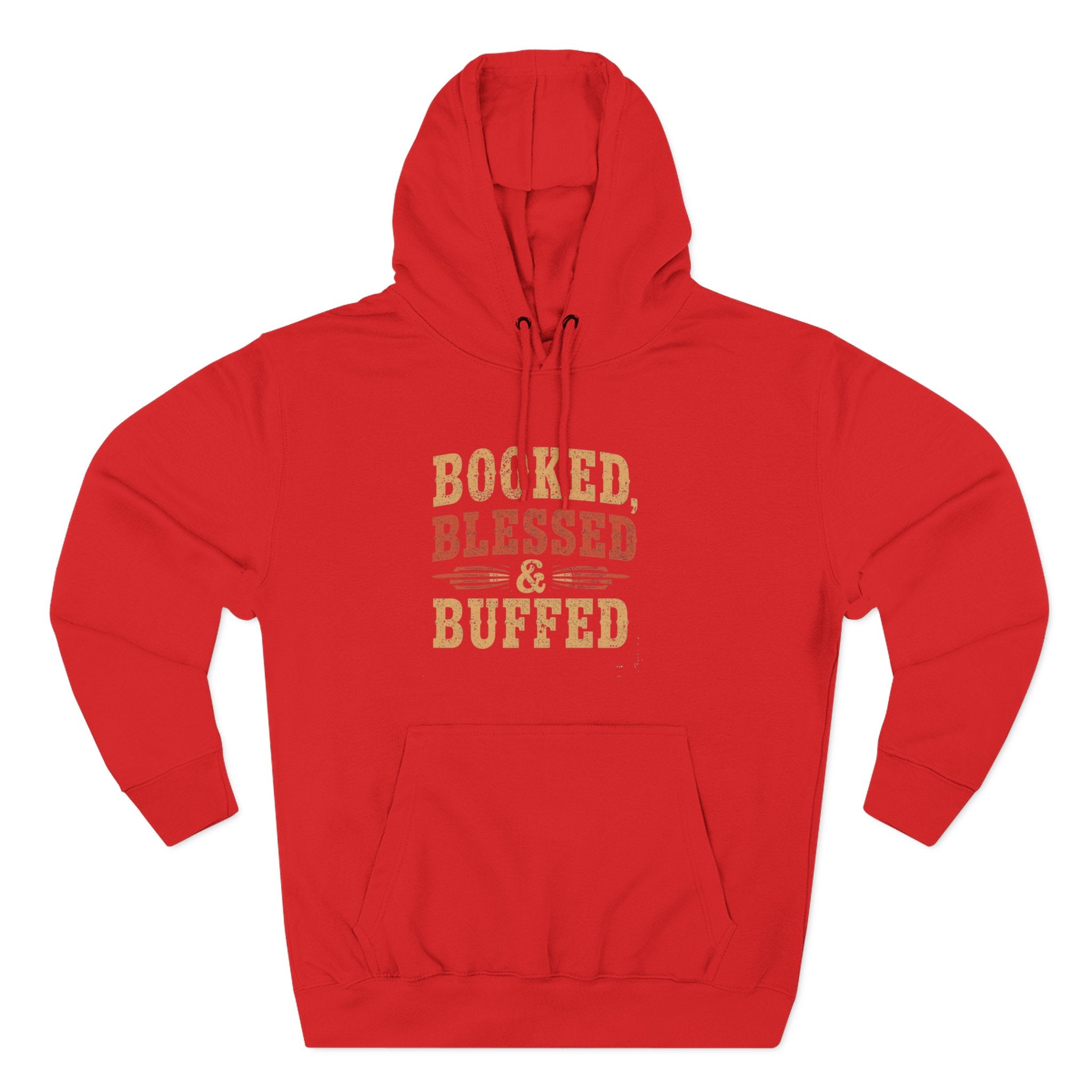 Red hoodie with 'Boked, Blessed & Buffed' text on a white background
