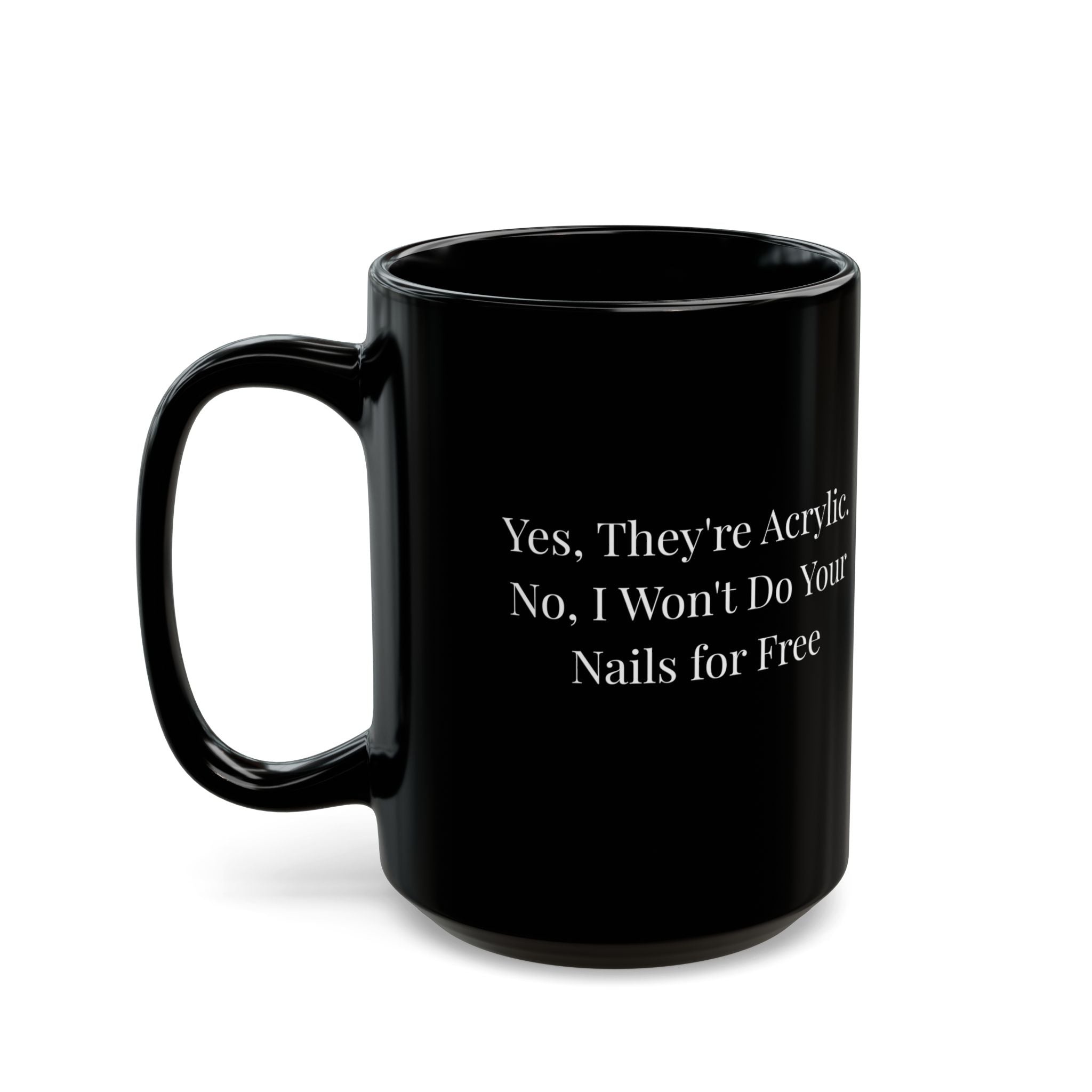 Black mug with 'mile' printed on a white background