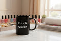 Black mug with white graphic design on a white background